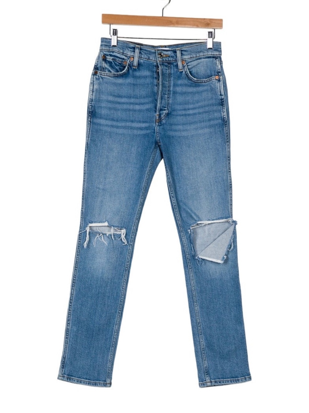 Re/Done Medium Blue Distressed Straight-Leg Jeans